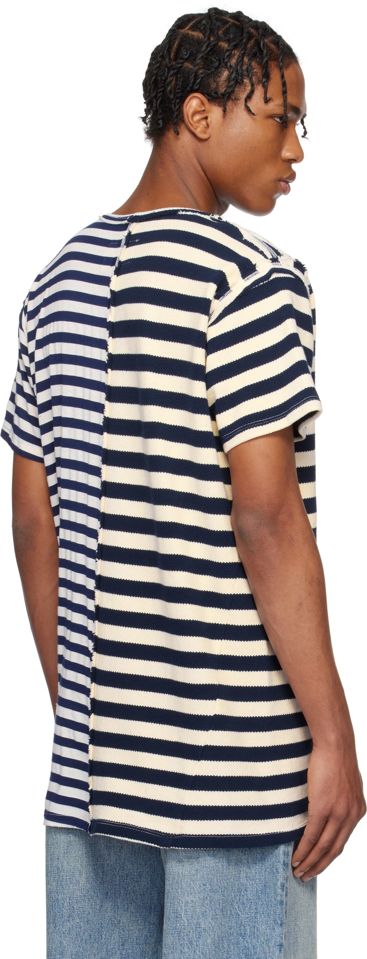 Greg Lauren Navy & Off-White Slit Striped T-shirt