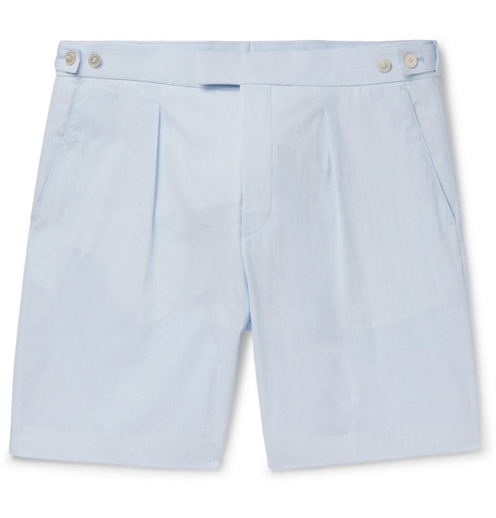 Photo: Hugo Boss - Pepe Pleated Pinstriped Cotton-Seersucker Shorts - Blue
