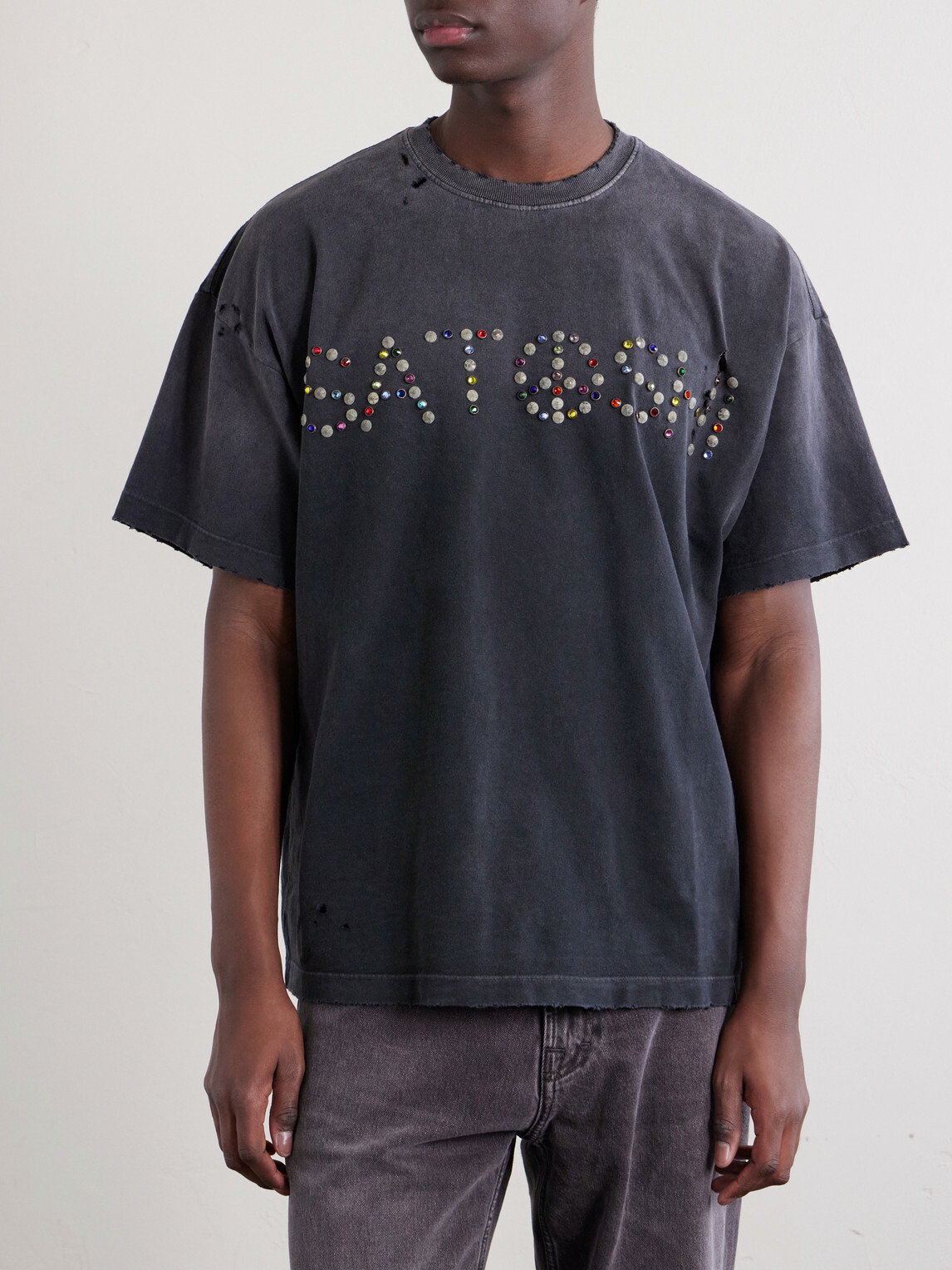 Satoshi Nakamoto - Whatever It Takes Logo-Embellished Distressed Cotton-Jersey T-shirt - Black