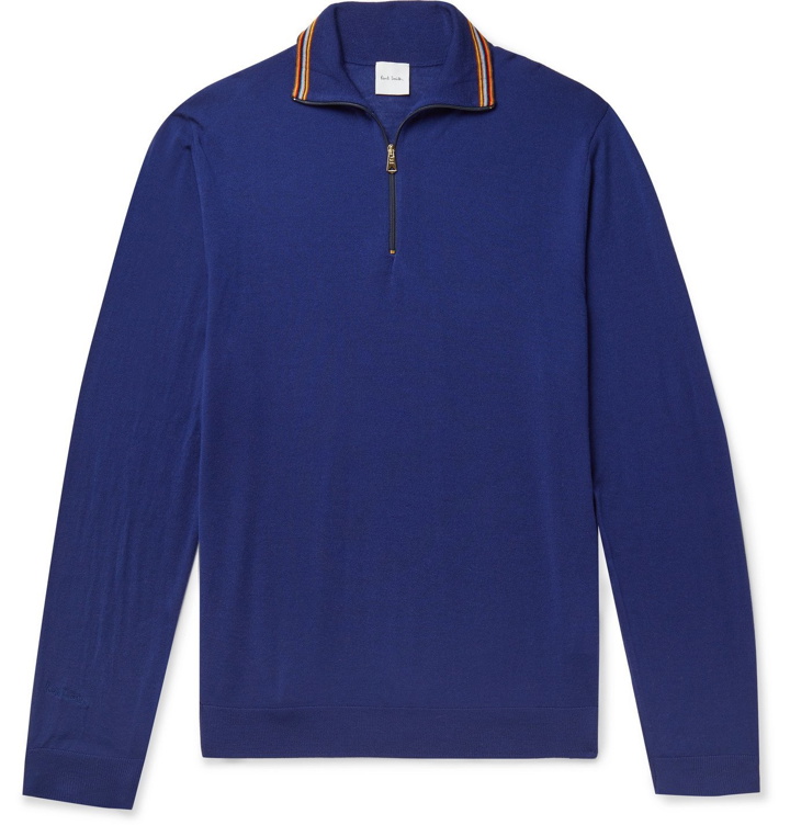 Photo: Paul Smith - Slim-Fit Stripe-Trimmed Merino Wool Half-Zip Sweater - Blue