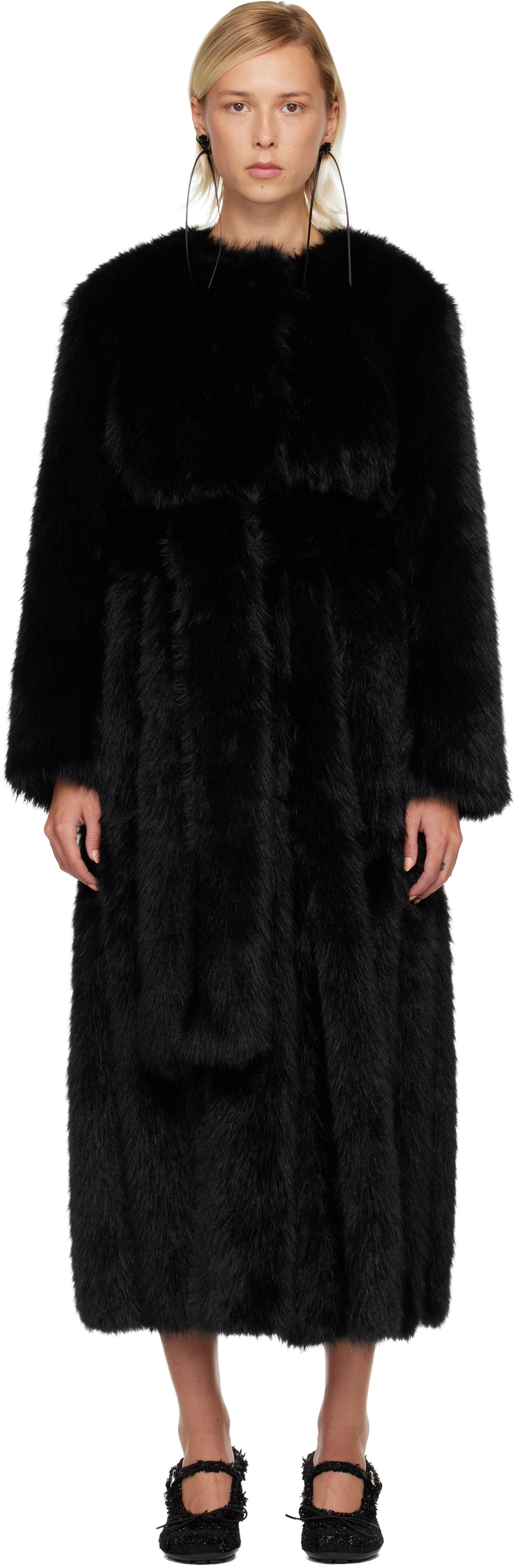Simone Rocha Black Belted Faux Fur Long Multi Slit Coat