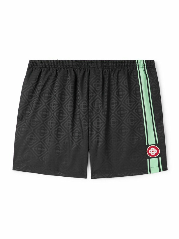 Photo: Casablanca - Straight-Leg Mid-Length Logo-Appliquéd Striped Swim Shorts - Black