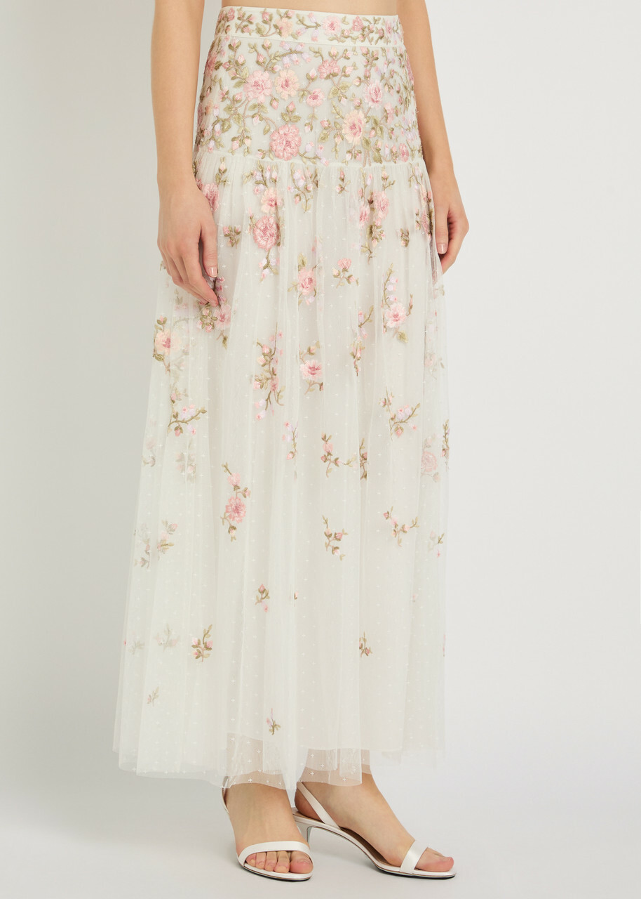 Needle & Thread Eden Rose Floral-embroidered Tulle Midi Skirt White