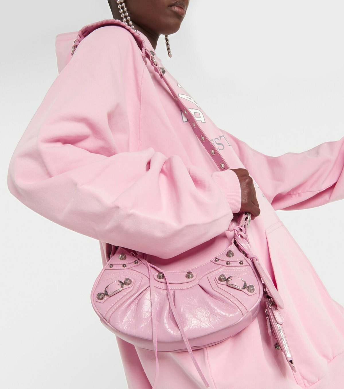 LE CAGOLE SMALL SHOULDER BAG 26 WITH RHINESTONES IN CREPE PINK LAMBSKIN