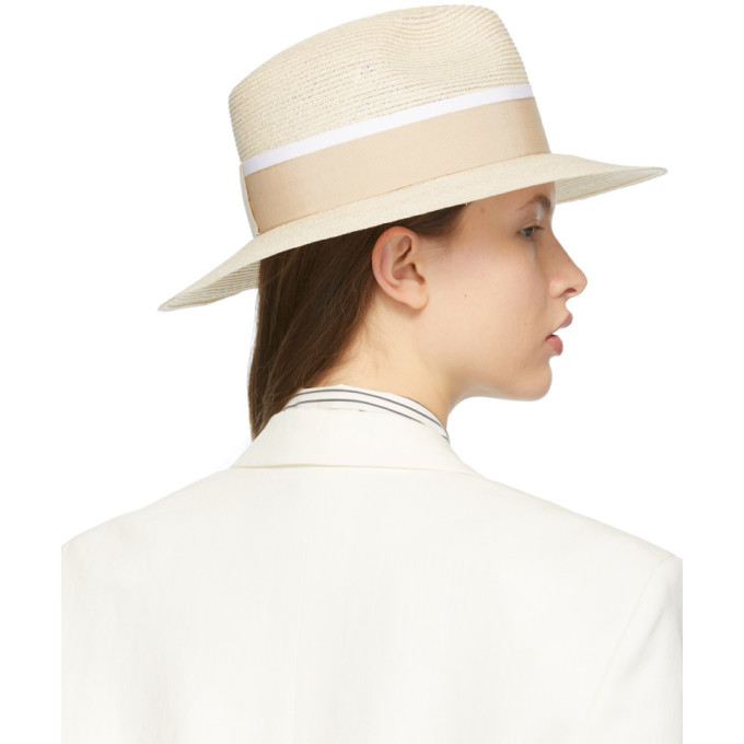Beige straw Maison Michel Henrietta hat Maison Michel Beige and Navy Straw Henrietta Fedora Maison  main image 4