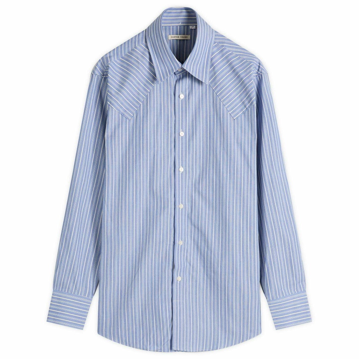 Photo: Carter Young Men's Western Business Shirt in Blue Static Stripe