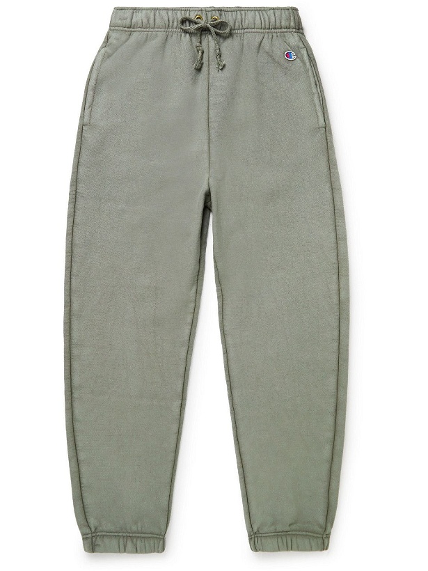 Photo: Champion - Tapered Logo-Appliquéd Cotton-Blend Jersey Sweatpants - Green