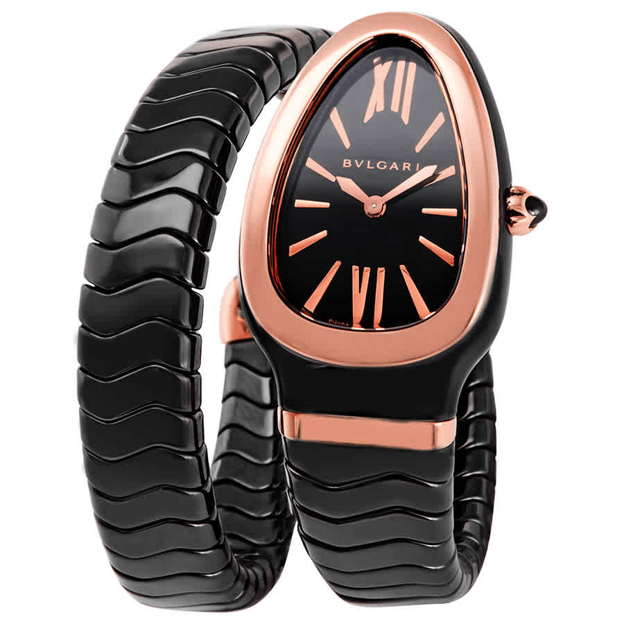 Bvlgari Serpenti Spiga Black Lacquered Dial Ladies Ceramic and 18kt Rose Gold Watch 102735