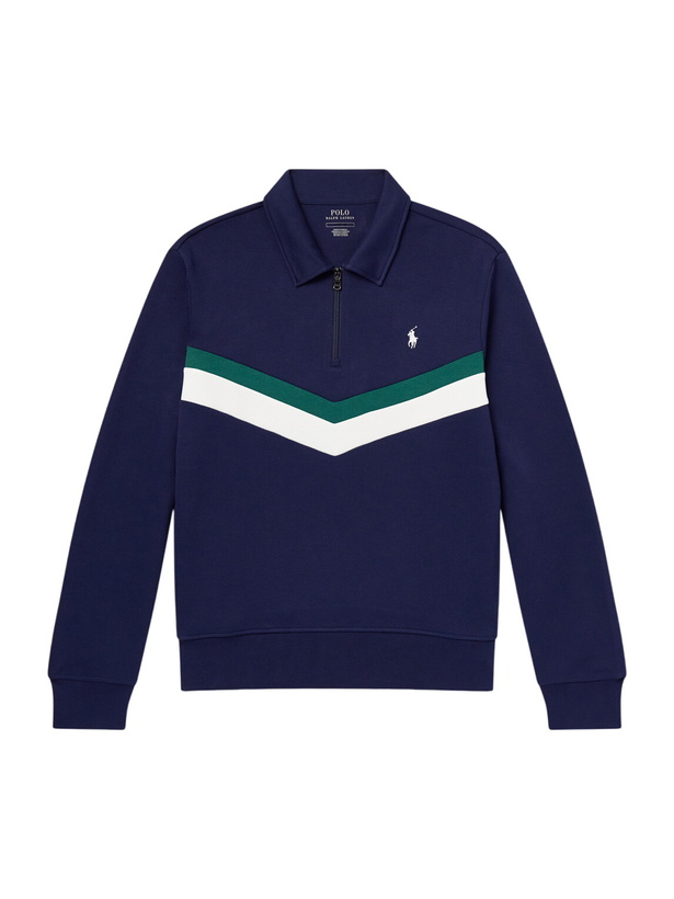 Photo: Polo Ralph Lauren - Striped Logo-Embroidered Cotton-Blend Piqué Sweatshirt - Blue
