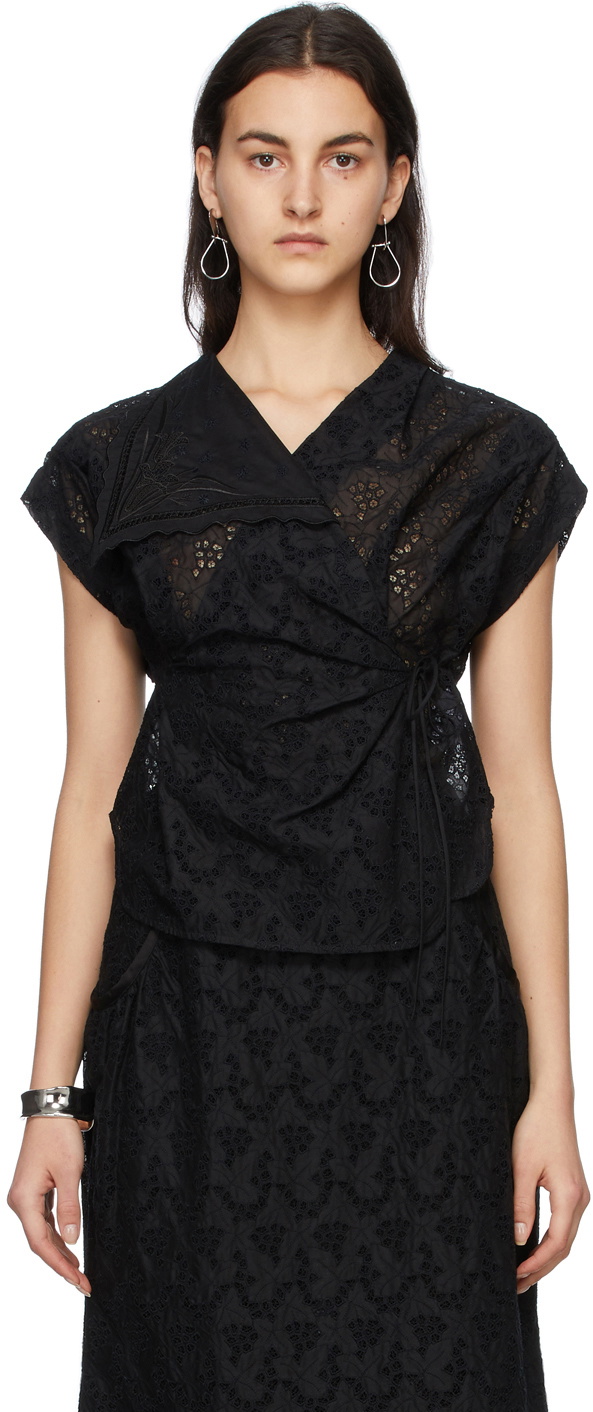 Mame Kurogouchi Black Lace Embroidery Asymmetric Blouse Mame