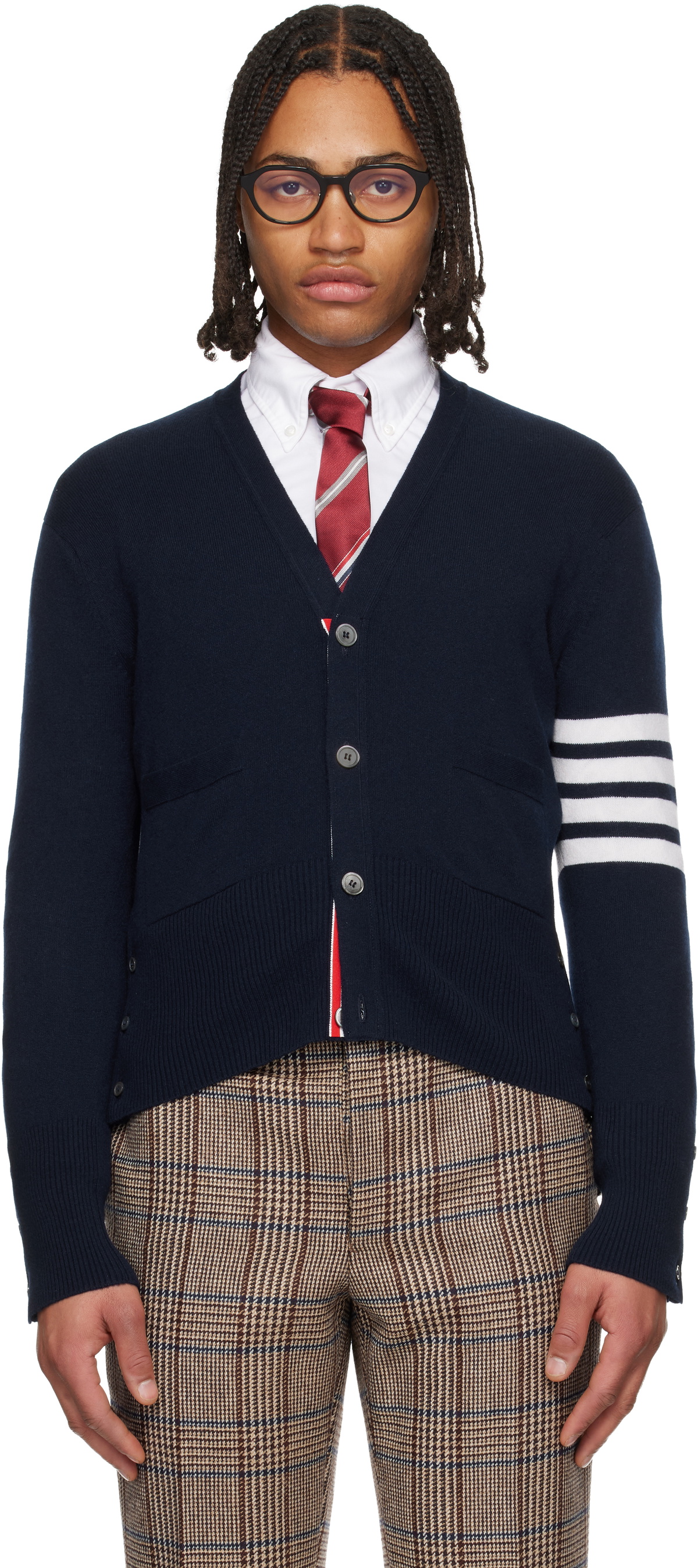 Thom Browne Navy Classic Cashmere 4-Bar V-Neck Cardigan Thom Browne