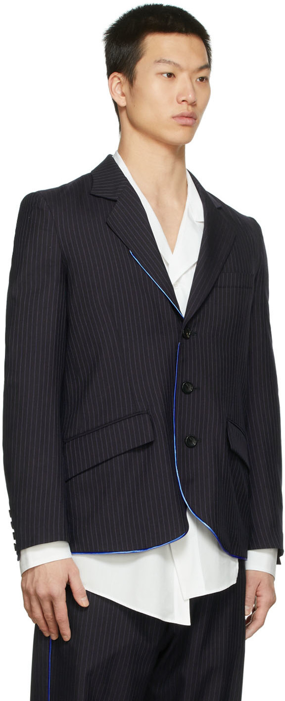 Sulvam Black & Blue Round Hem Piping Blazer