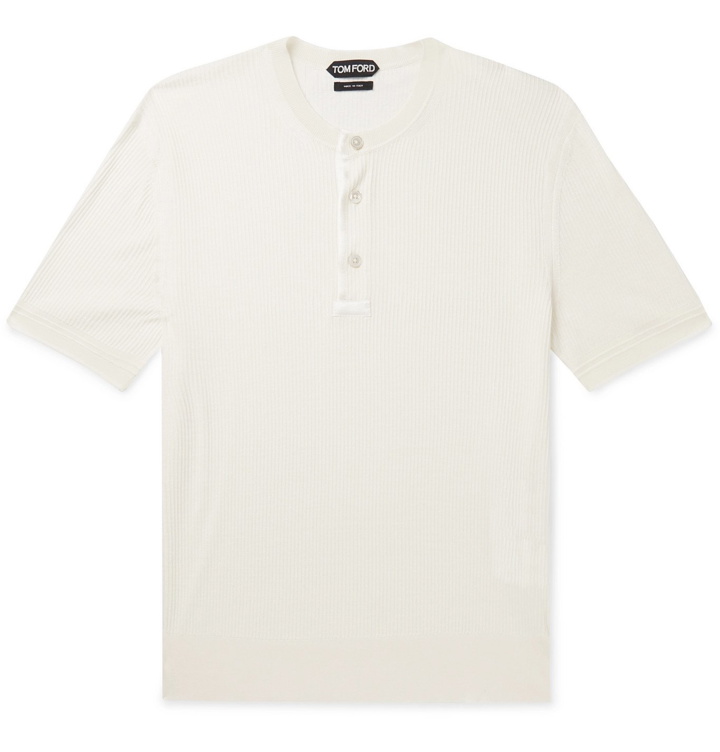 Photo: TOM FORD - Satin-Trimmed Ribbed Silk Henley T-Shirt - White