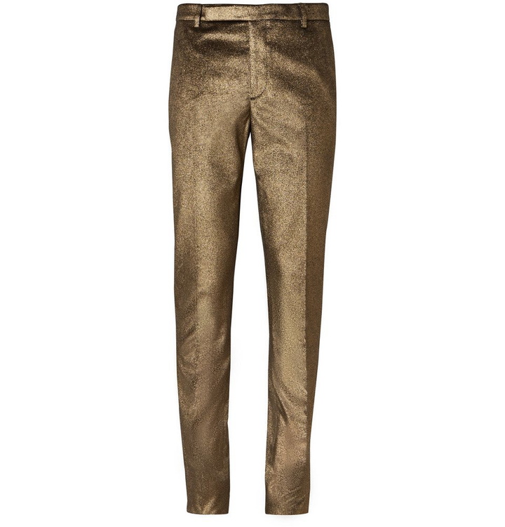 Photo: Saint Laurent - Slim-Fit Metallic Cotton Trousers - Men - Gold