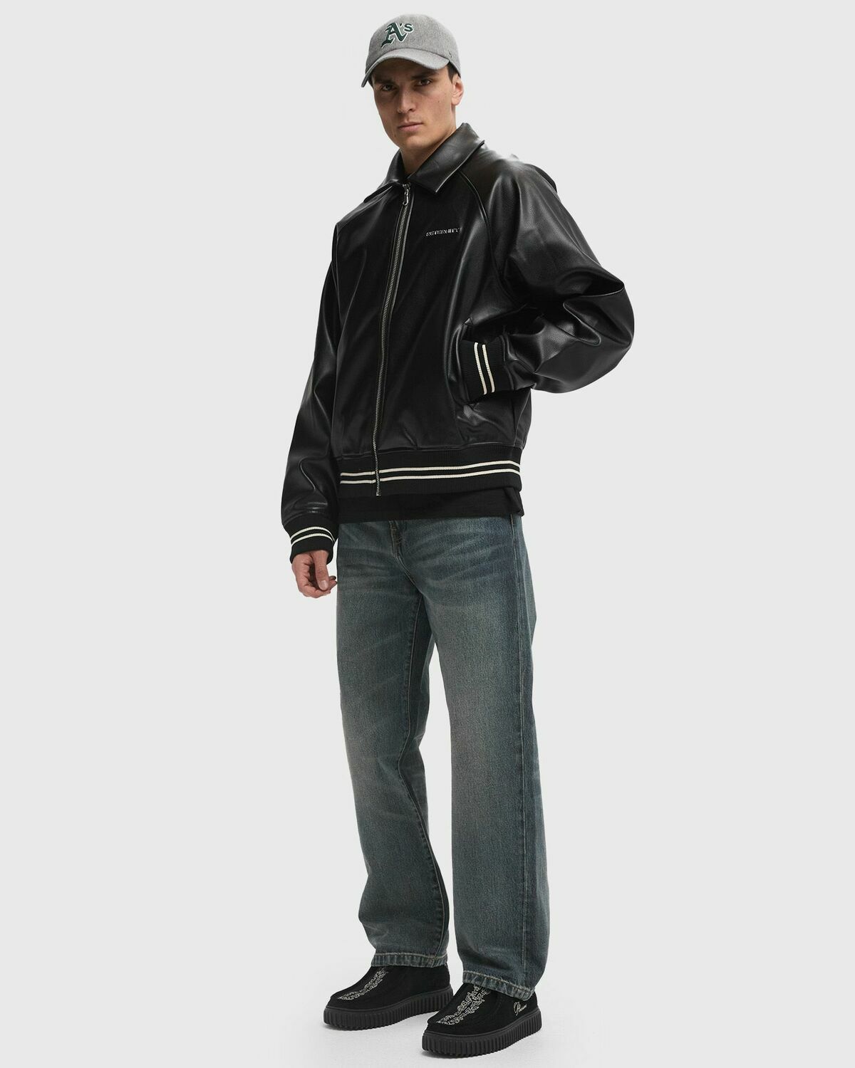 Reternity DISTRESSED LEATHER BOMBER JACKET Black Men