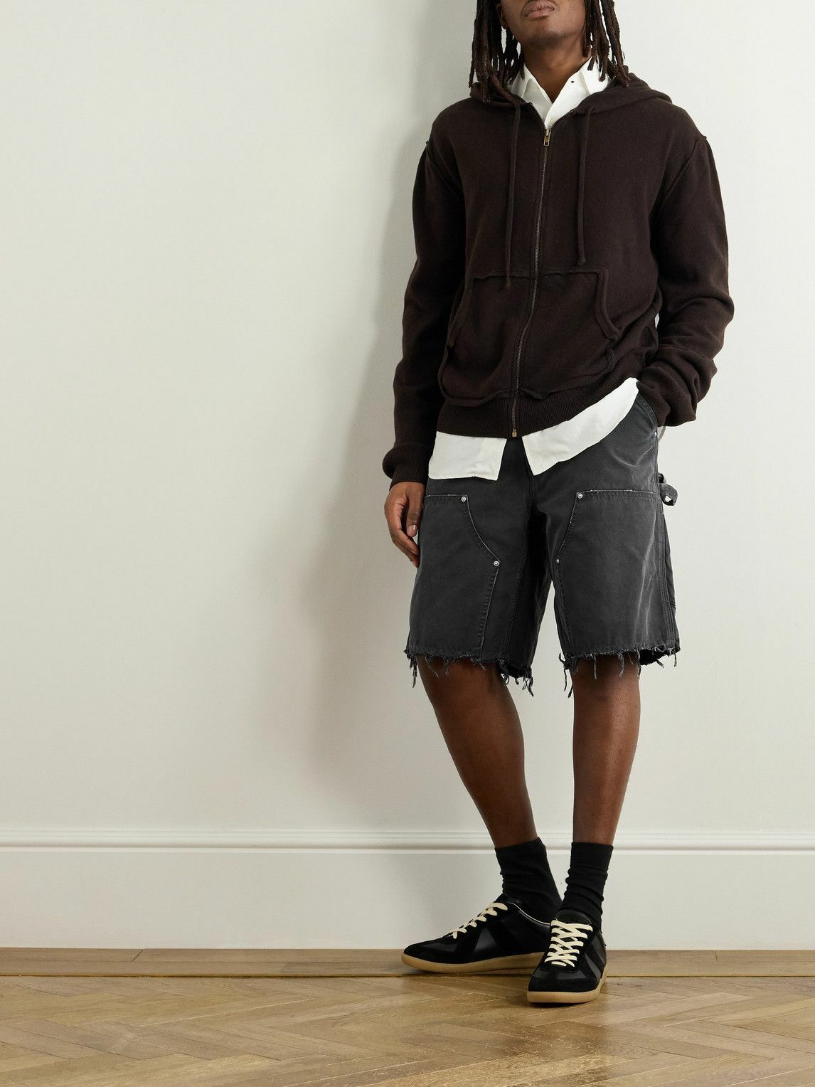 Maison Margiela - Straight-Leg Panelled Frayed Cotton-Canvas Shorts - Black