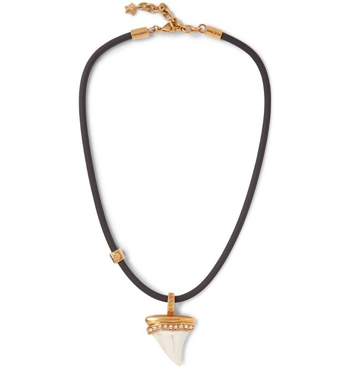 Photo: Versace - Leather, Gold-Tone, Crystal and Shark Tooth Necklace - Black