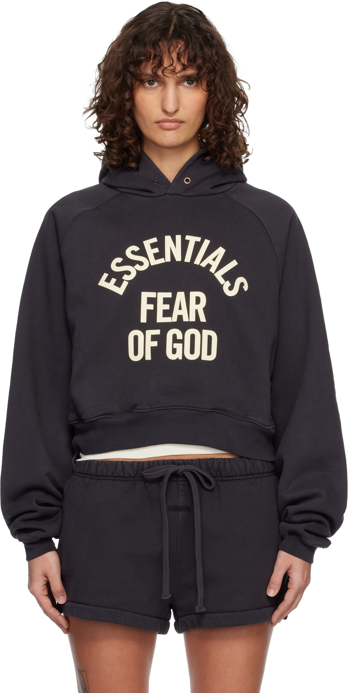 Fear of God ESSENTIALS Black Campus 90's Cropped Raglan Hoodie