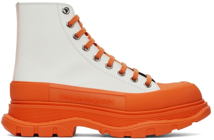 Photo: Alexander McQueen SSENSE Exclusive White & Orange Tread Slick High Sneakers