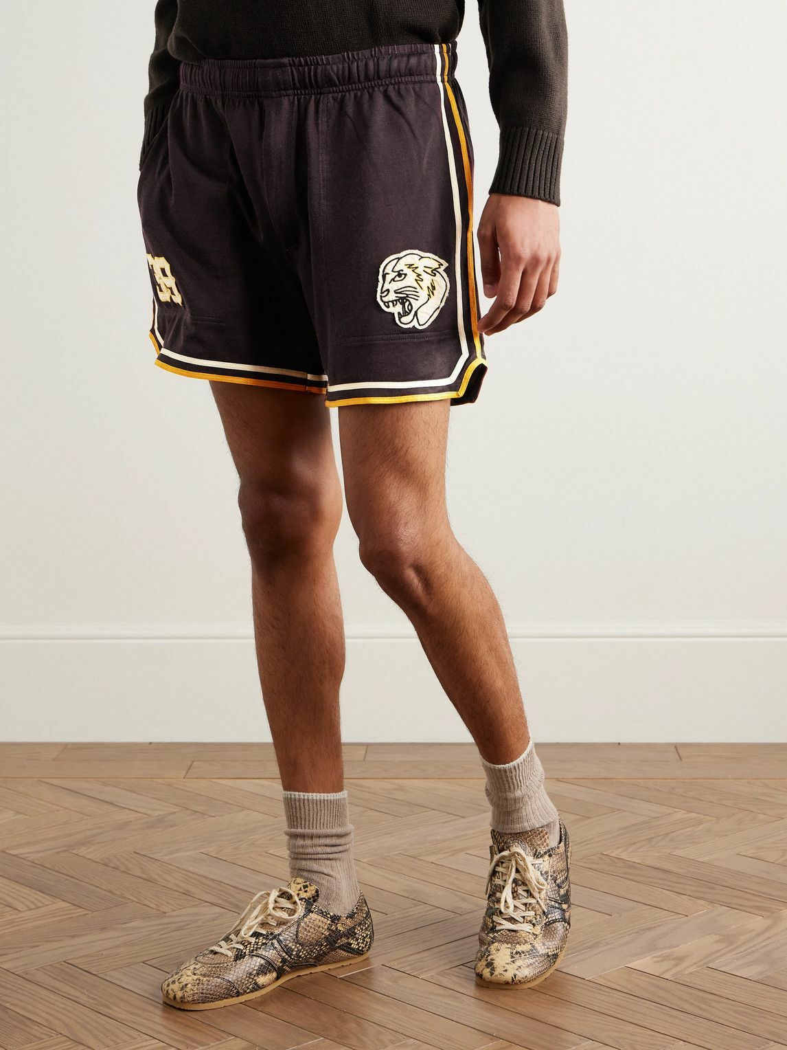 BODE - Bobcat Appliquéd Striped Jersey Shorts - Brown