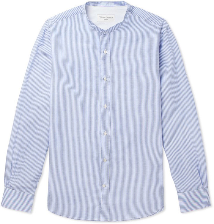 Photo: Officine Generale - Gaspard Grandad-Collar Striped Cotton and Linen-Blend Shirt - Men - Blue