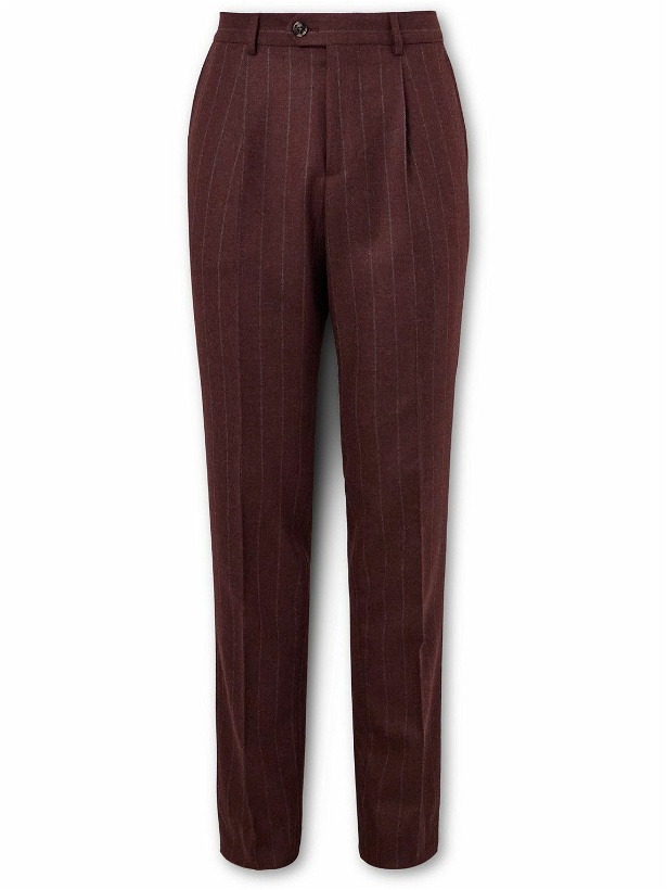 Photo: Brunello Cucinelli - Straight-Leg Pinstriped Brushed Wool, Mohair and Cashmere-Blend Suit Trousers - Red