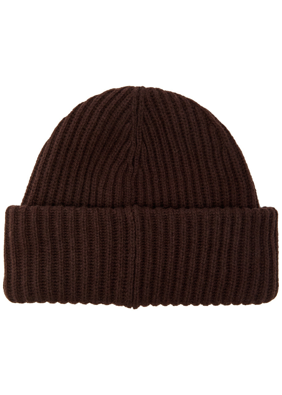 Ganni Logo-appliquéd Ribbed Wool-blend Beanie - Brown - One Size