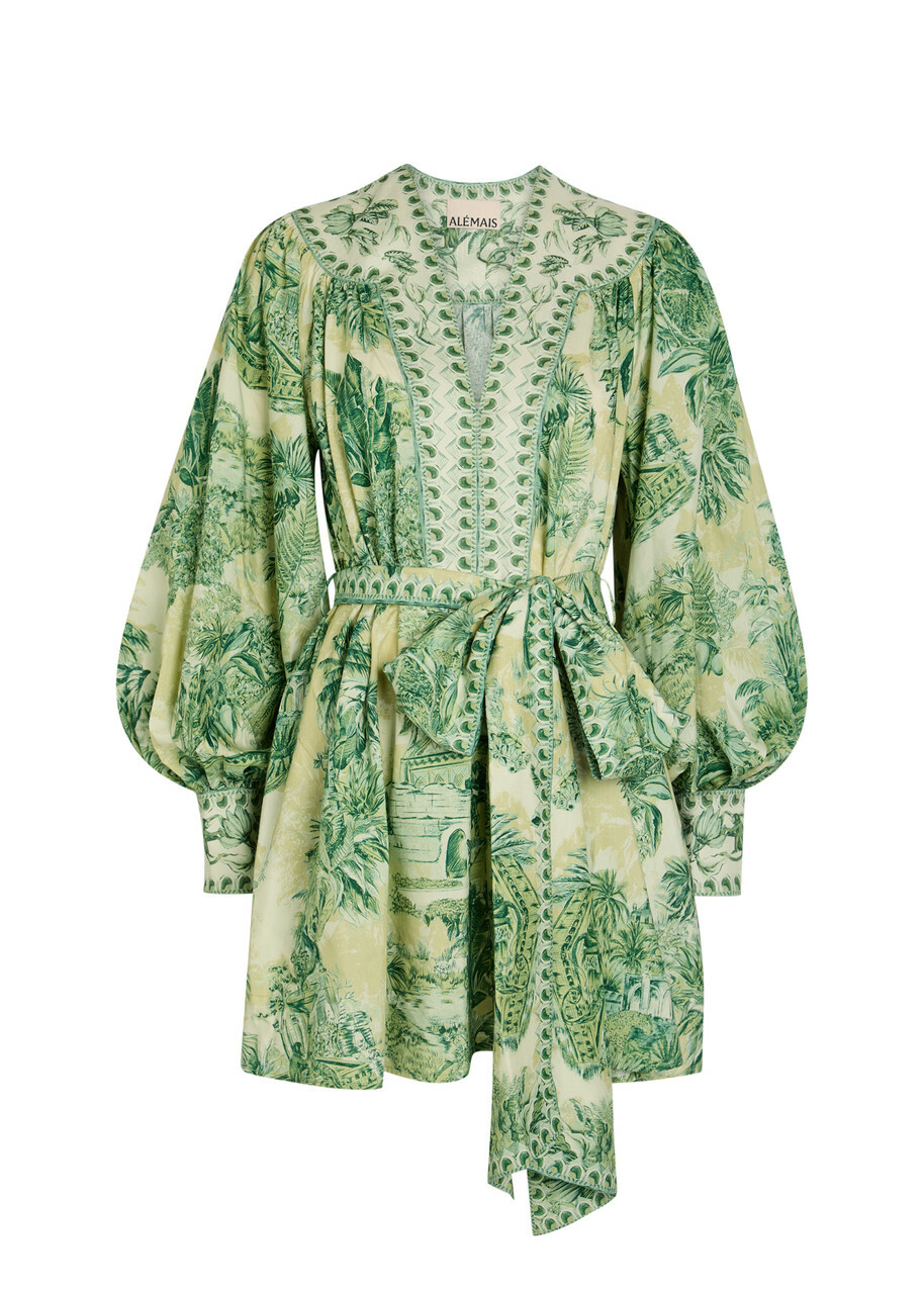 Alemais Sara Printed Cotton and Silk-blend Mini Dress Green
