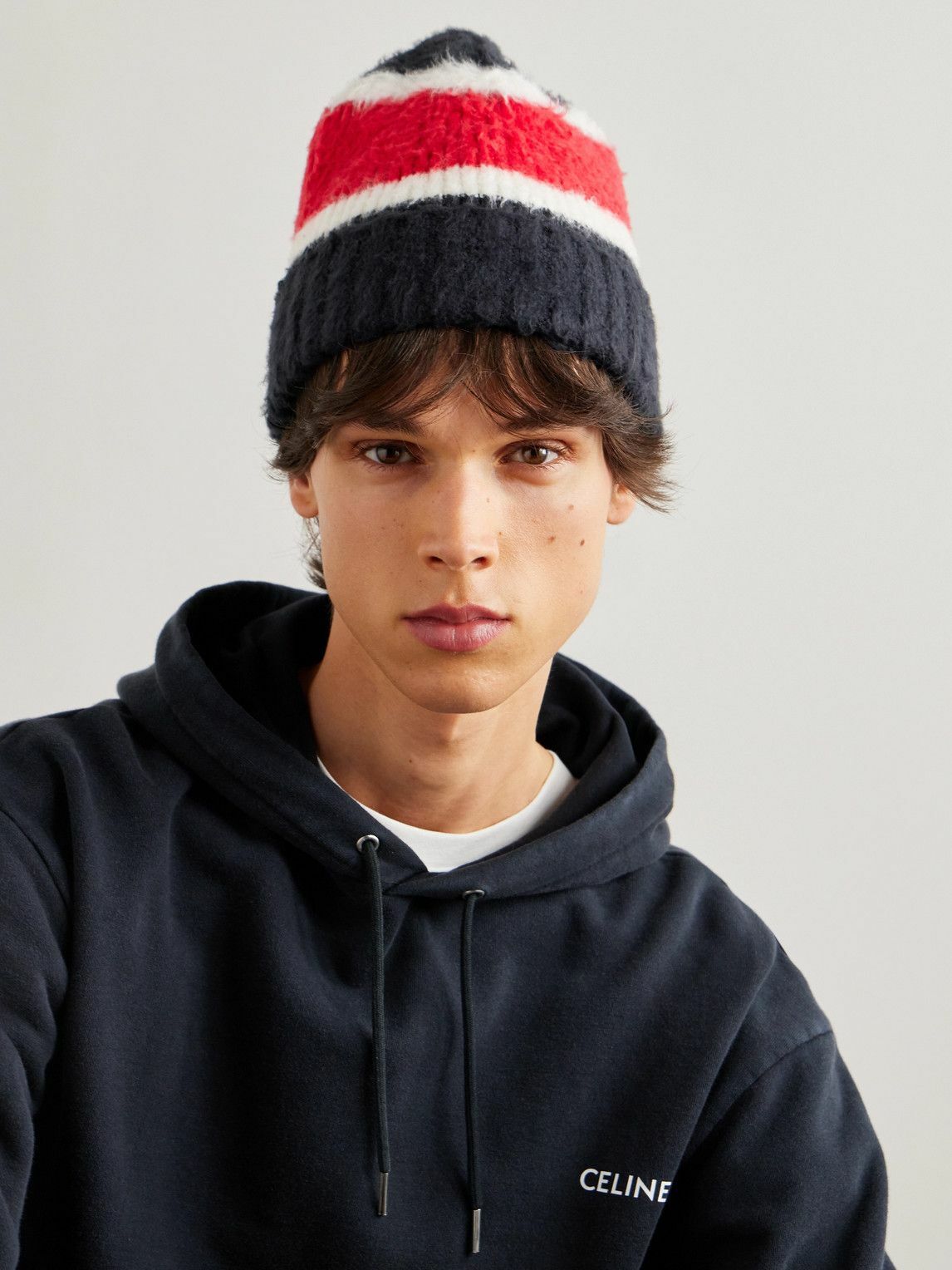 CELINE - Striped Ribbed Brushed-Cotton Beanie