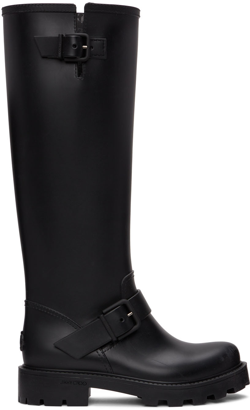 靴 JIMMY CHOO YAEL FLAT RUBBER BOOTS Jimmy Choo Black Flat Yael Tall Boots Jimmy Choo