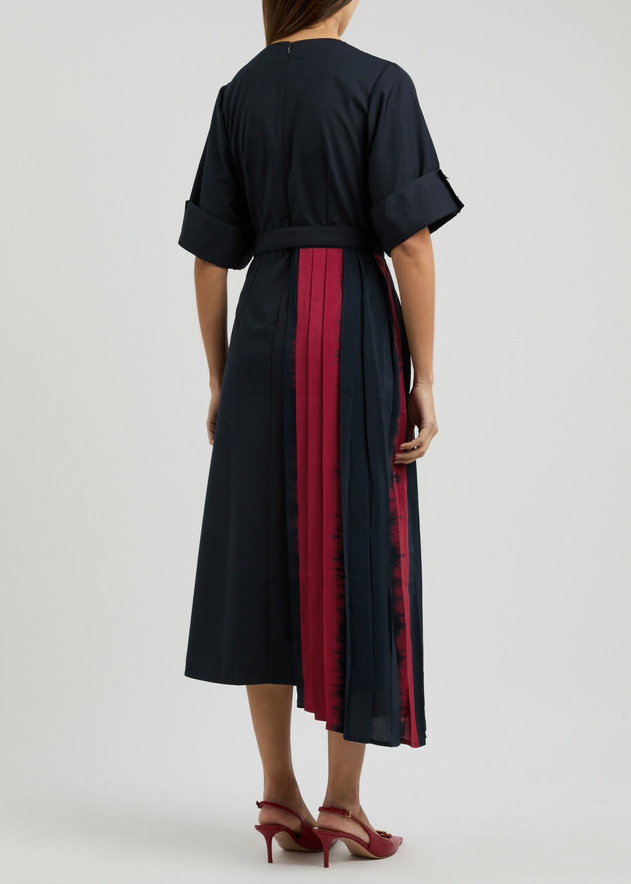 Lovebirds Shogun Belted Woven Midi Dress Navy