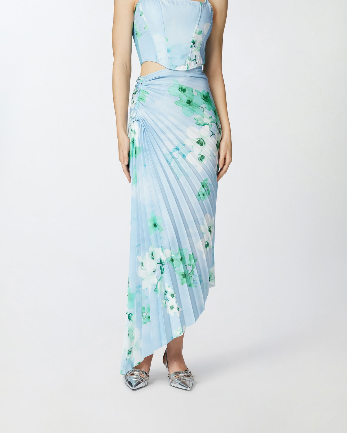 Pinko Pleated Midi Skirt With Floral Print Mult. Light Blue/Blue/White