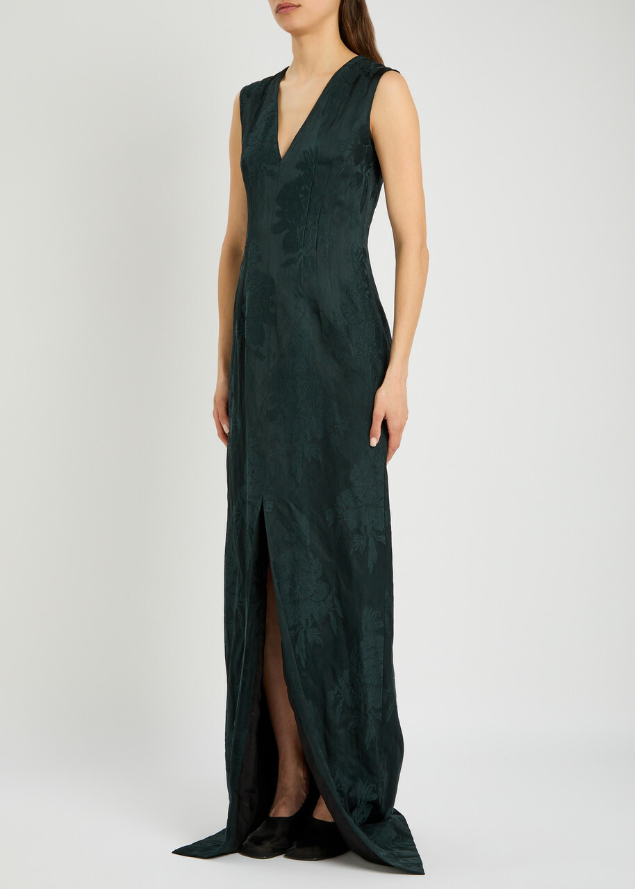 Dries Van Noten Delina Floral-jacquard Cotton-blend Gown Green Dark