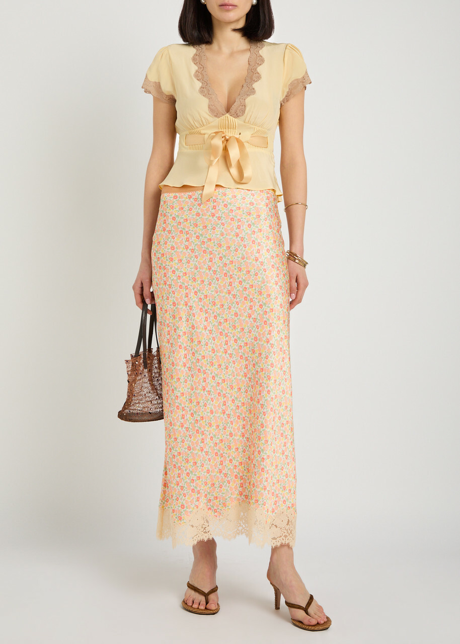 Rixo Matilde Floral-print Satin Midi Skirt Multicoloured