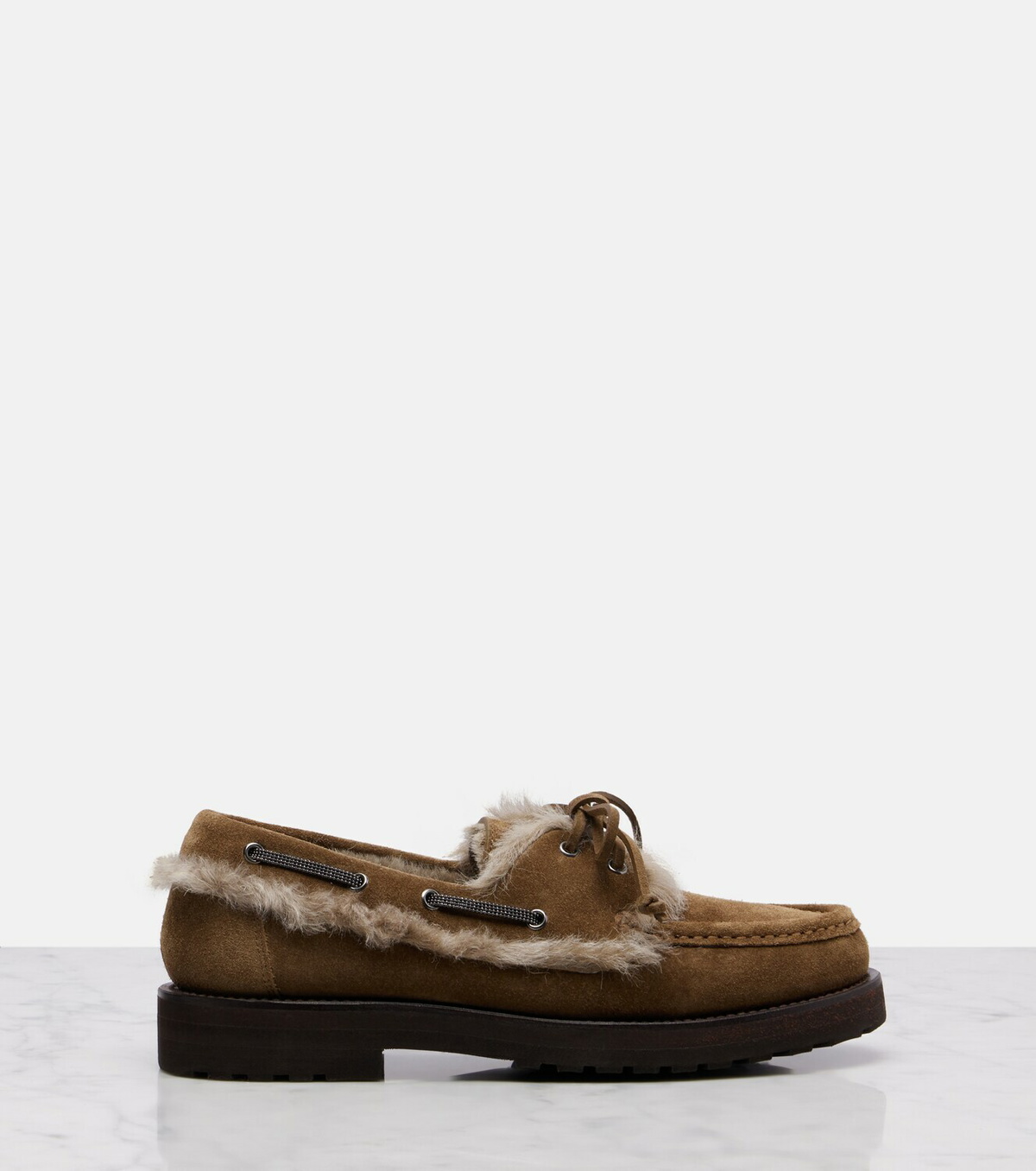 Brunello Cucinelli Shearling-lined suede boat shoes