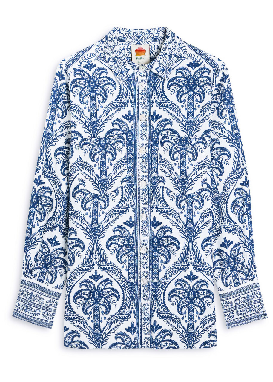 Farm Rio Tropical Printed Linen-blend Pyjama Shirt Navy
