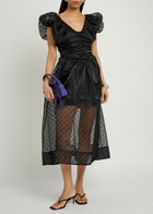 Ganni Polka-dot Ruched Organza Midi Dress Black