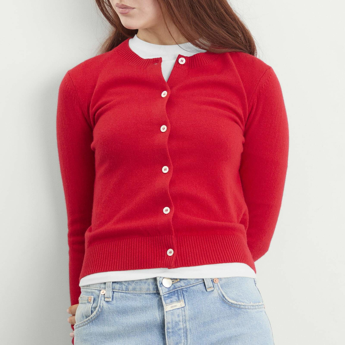 DUNST Women's Essential Crewneck Knit Cardigan in Tomato Red