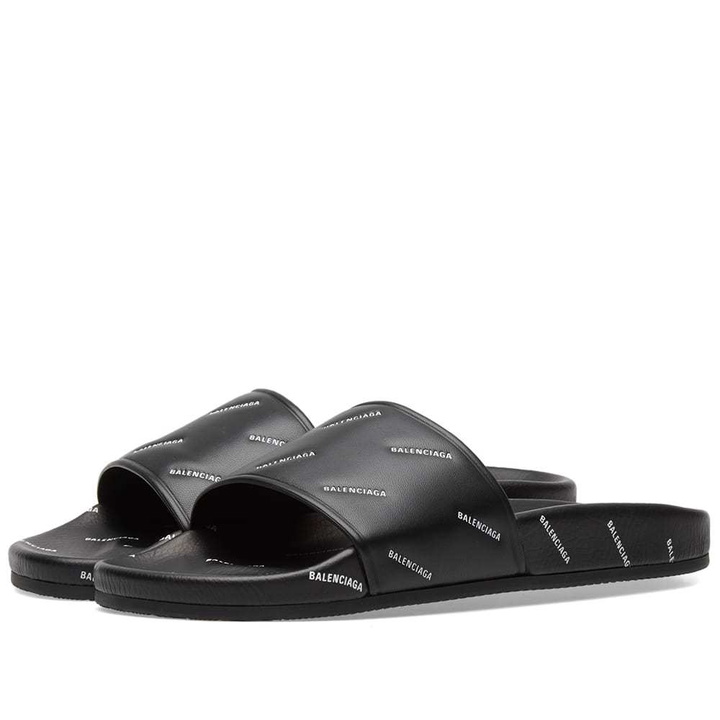 Photo: Balenciaga All Over Logo Leather Slide