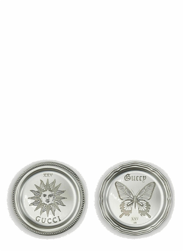 Photo: Set of Two Sun and Butterfly Coasters in Silver