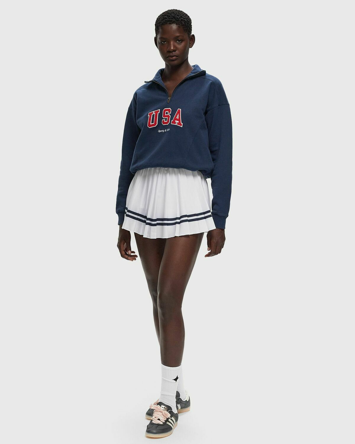 Sporty&Rich｜SKIRTS (Serif Logo Pleated Skirt - Navy/Whi Sporty & Rich Serif Logo Pleated Skirt White Skirts Sporty