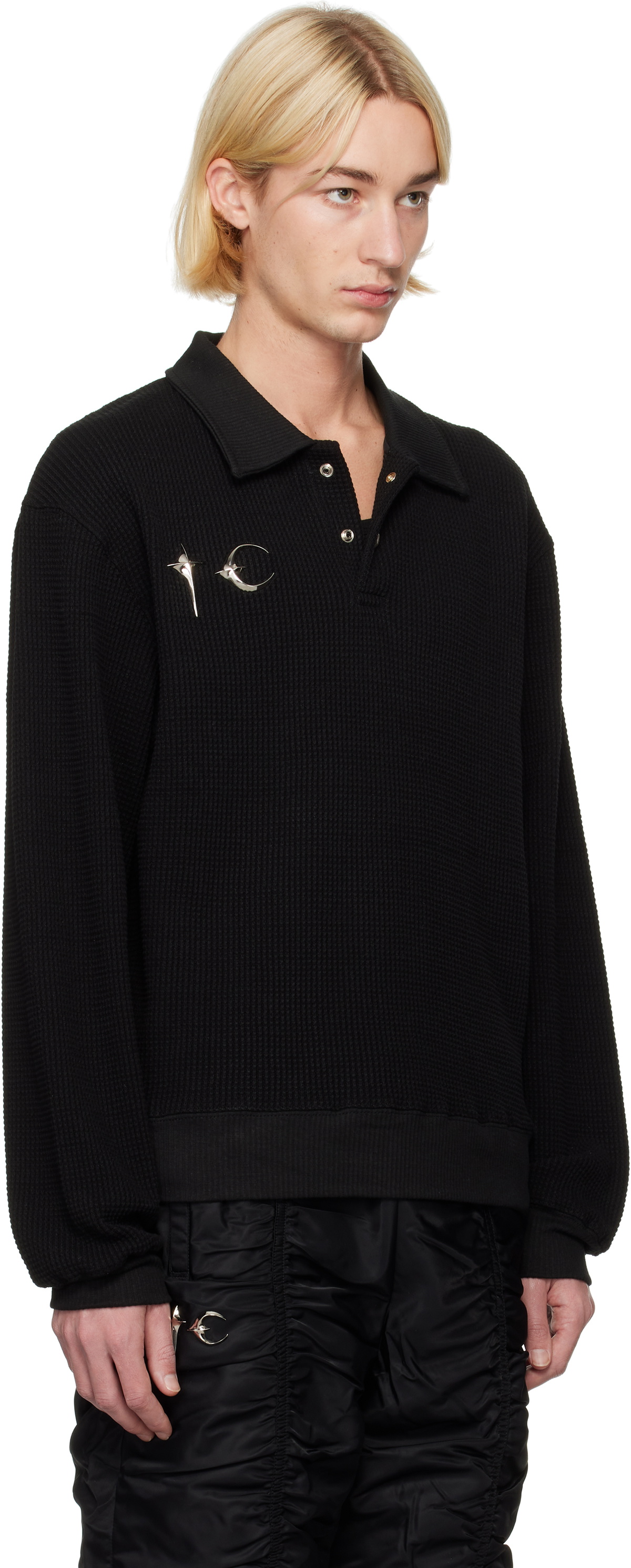 THUG CLUB ワッフル ポロシャツ ブラック Thug Club Black Waffle-Knit Long Sleeve Polo Thug Club