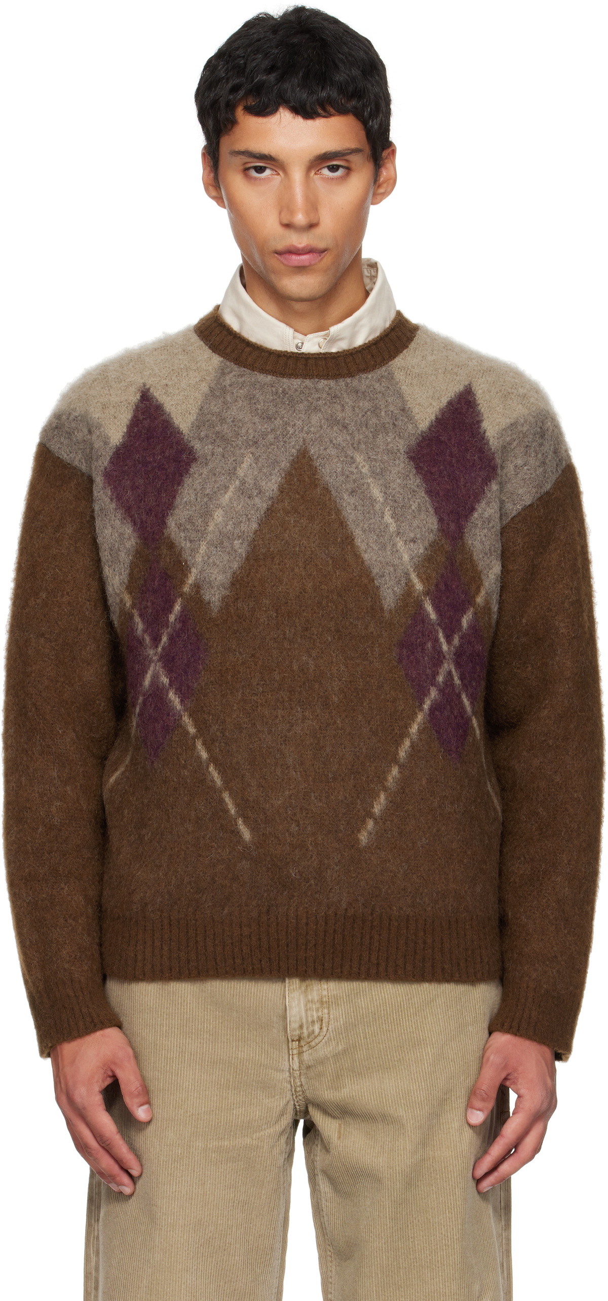 COOR Brown Hairy Mixed Argyle Crewneck Sweater