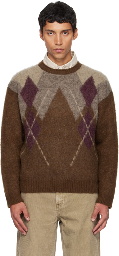 Photo: COOR Brown Hairy Mixed Argyle Crewneck Sweater