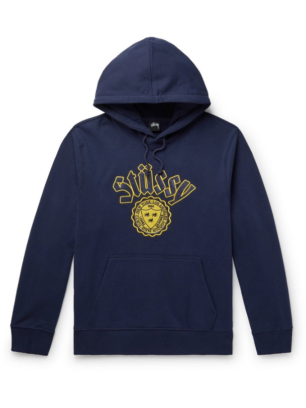Photo: STÜSSY - Logo-Embroidered Cotton-Blend Jersey Hoodie - Blue