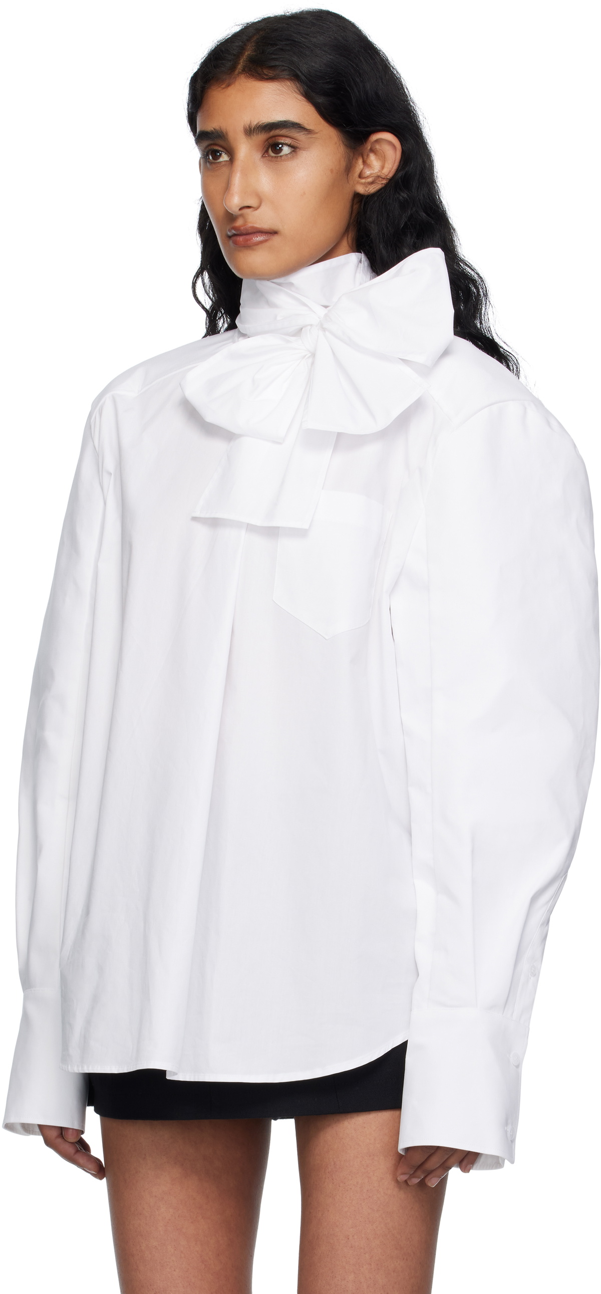 Pushbutton White Neck Ribbon Tie Blouse