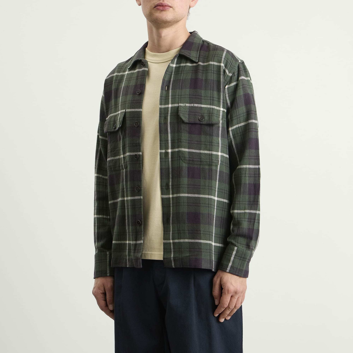 Universal Works Men's Washed Check Utility Shirt in Olive