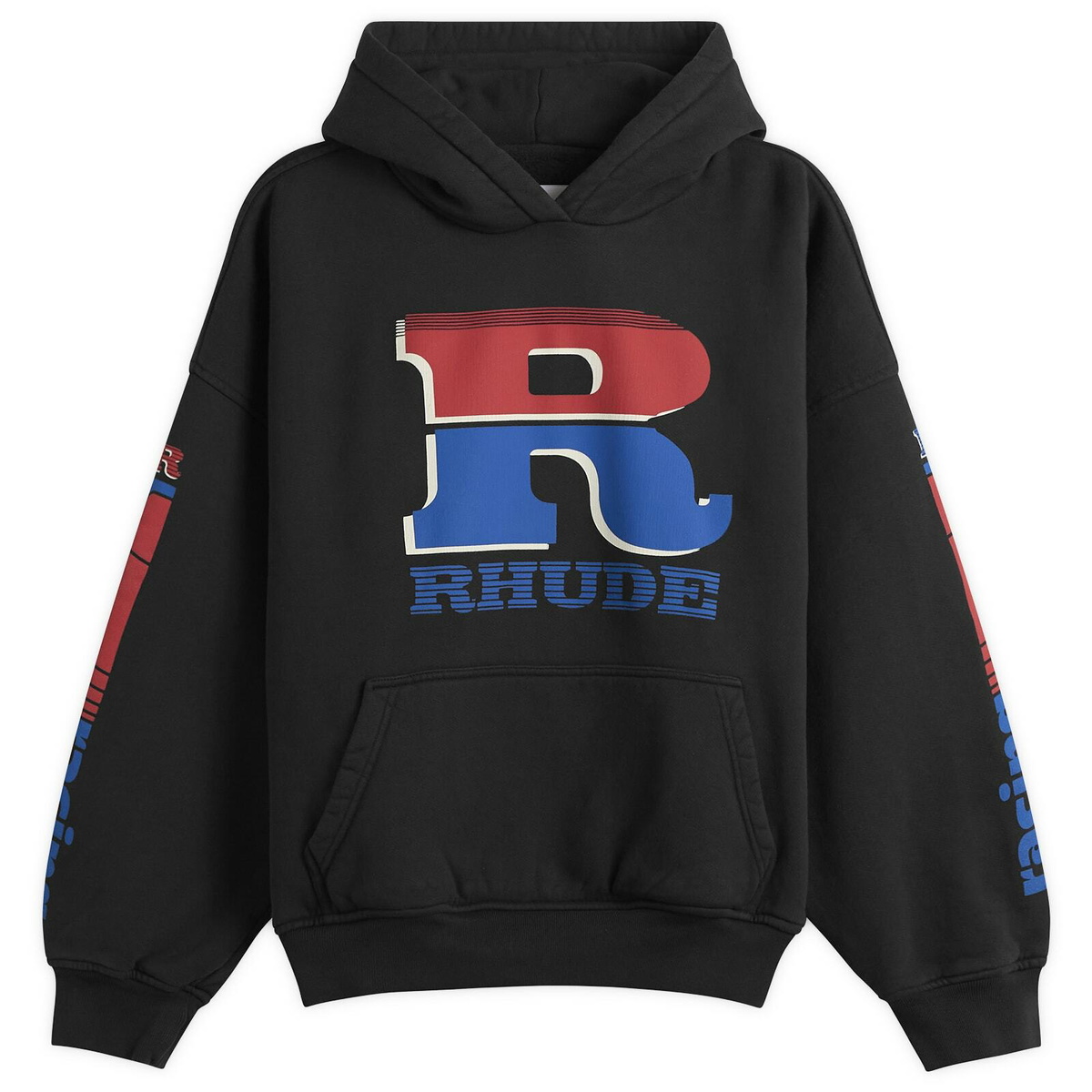 Rhude Men's Split Petrol Logo Hoodie in Vintage Black/Red/Blue