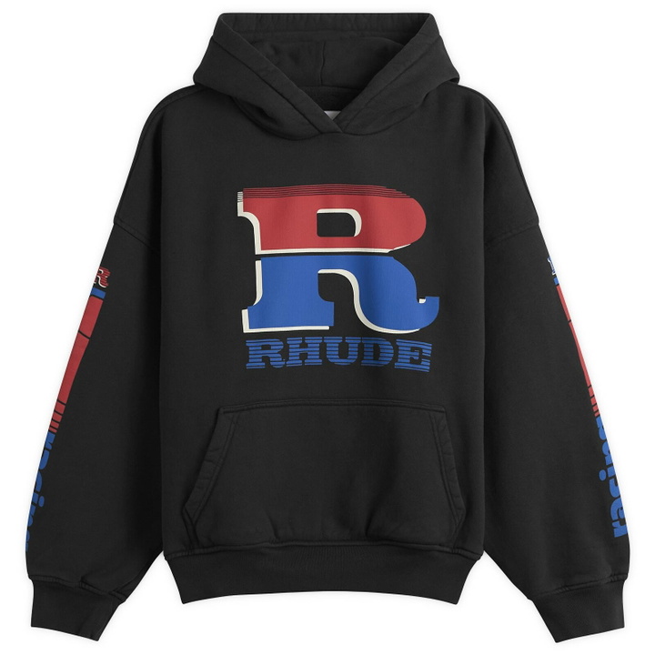 Photo: Rhude Men's Split Petrol Logo Hoodie in Vintage Black/Red/Blue