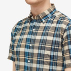 Beams Plus Men's Button Down Short Sleeve Madras Shirt in Blue